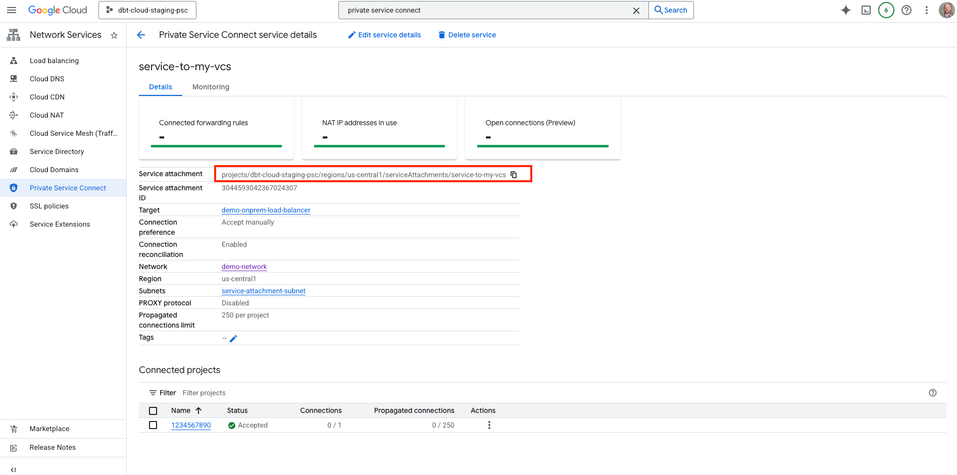 Screenshot of step 11: Copy the Service attachment URI Screenshot of step 11: Copy the Service attachment URI
