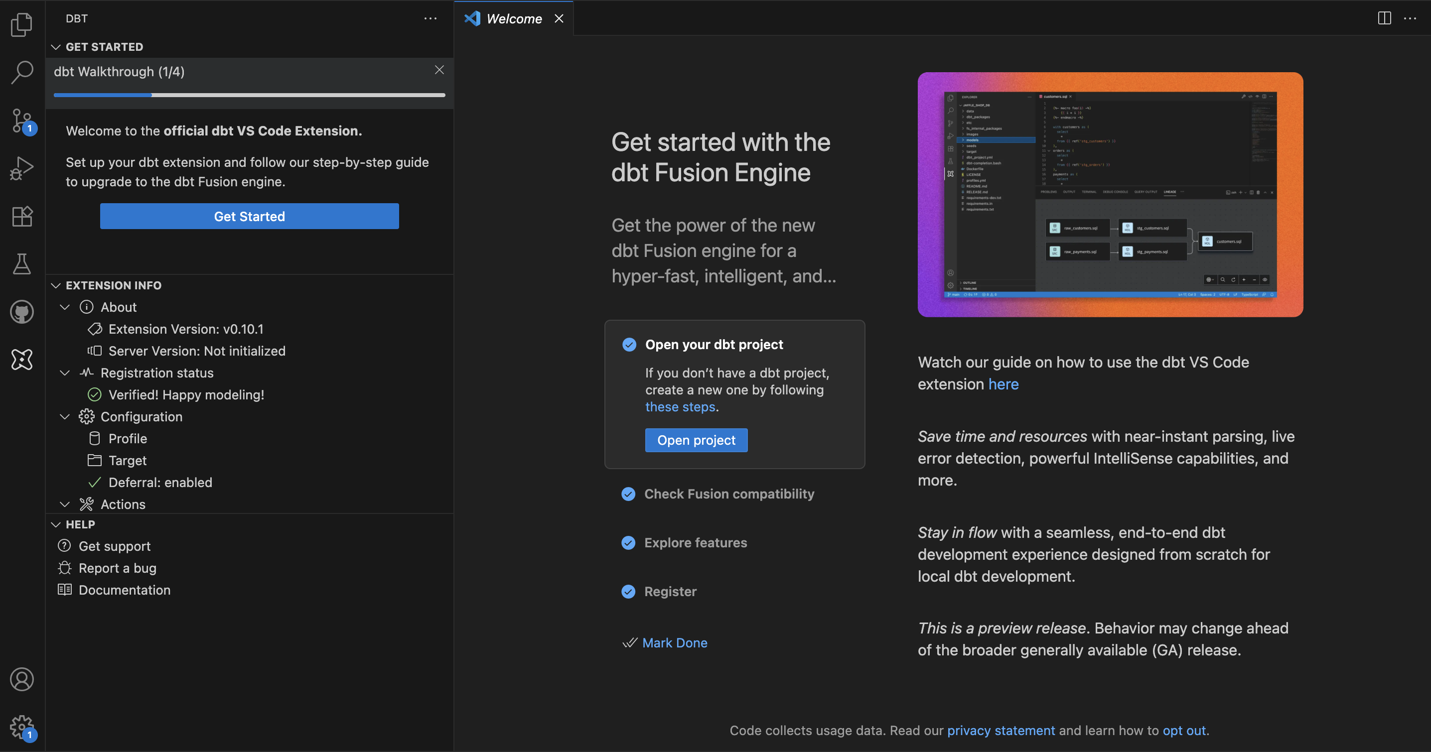 dbt VS Code extension welcome screen. dbt VS Code extension welcome screen.